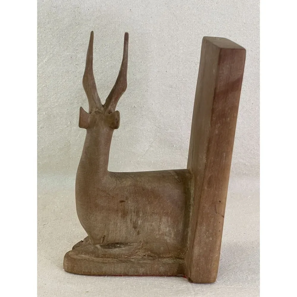 Mid-Century Decor Wood Deer Bookend (1) Hand Carved Antelope Gazelle Heavy Solid
